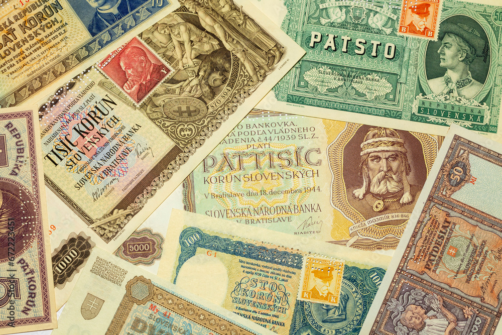 Different kinds old Banknotes from the all World in the Detail