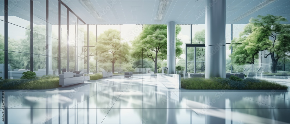 hall of modern office or medical institution in hospital, blurred background with trees and city hall of modern office or medical institution in hospital, blurred background with trees and city
