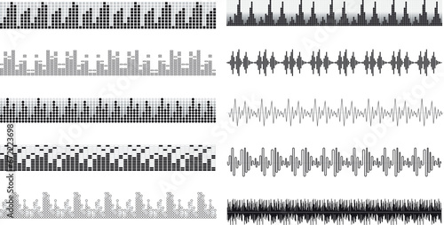 Black sound waves. Abstract music wave, radio signal frequency and digital voice visualisation. Tune equalizer vector set. Monochrome volume audio lines, soundwaves rhythm isolated on white background