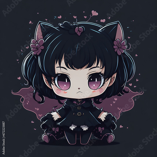 Cute vector kawaii anime KUROMI sad on black background