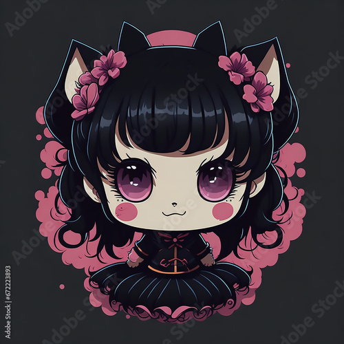 Cute vector kawaii anime KUROMI sad on black background