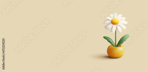 Cute chamomile or daisy in flowerpot 3D illustration. Cartoon render style icon