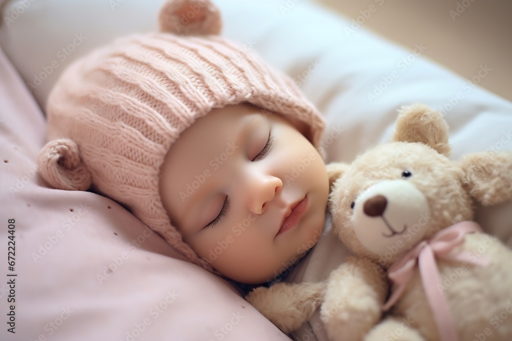 Generative AI : Newborn baby sleeping in a fluffy blanket, wearing headphones Generative AI : Newborn baby sleeping in a fluffy blanket, wearing headphones