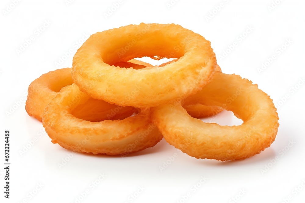 Generative AI : Fried onion rings on white background