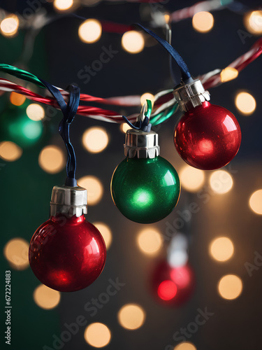 a close-up of tree shiny Christmas lights, one green and two red, hanging with white lights in the background, decoration for the Christmas, Generated by AI