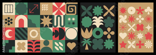 Set of neo geometric patterns with brutalist shapes. Modern, minimalist figures and symbols. Abstract flat vector illustrations for background, poster, cover, branding or web.