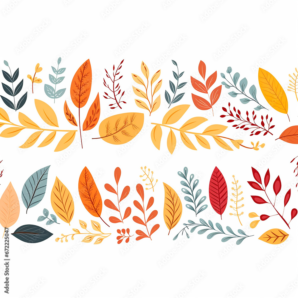 Fototapeta premium Fall horizontal banner. Seamless pattern with hand drawn cute colorful leaves. Autumn leaf border. Thanksgiving and Harvest Day. Vector illustration