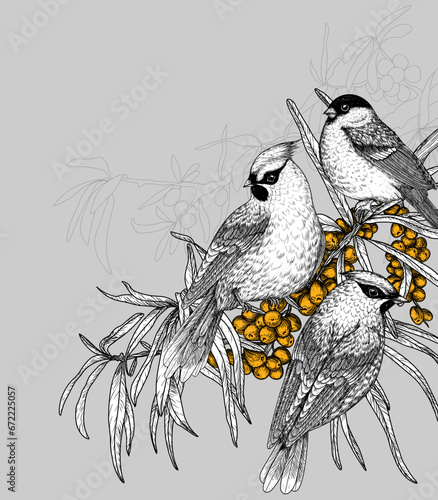 Vector illustration of 2 waxwings and bullfinch on a sea buckthorn branch in engraving style