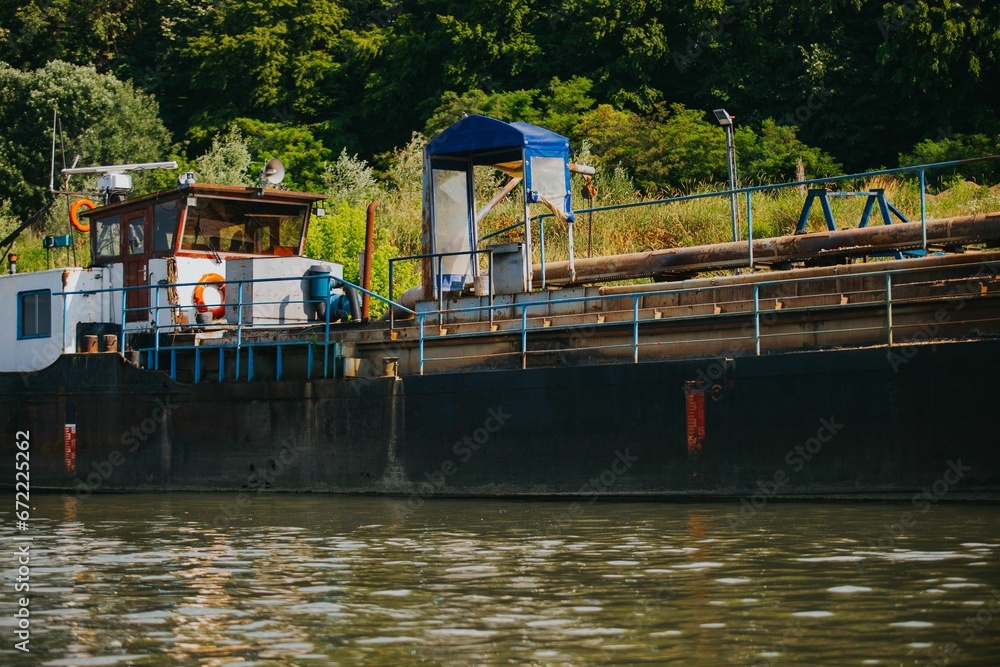 Obraz premium Old ship moored near the shore covered with lush greenery