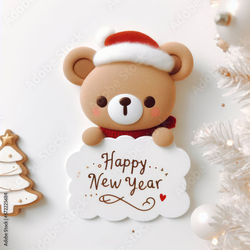 white background  christmas  bear cute  conteining words  Happy New Year 