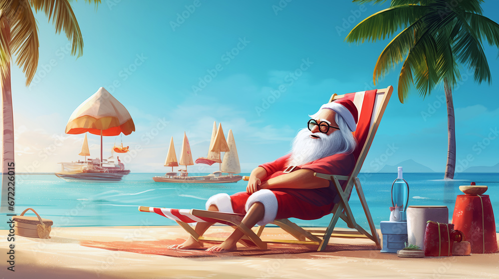 Santa Claus on a deck chair on the beach on vacation awaiting the Christmas holidays - obrazy, fototapety, plakaty 