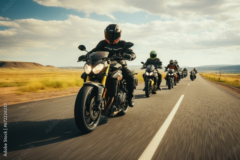 A group of motorcyclists ride motorcycles together on an empty road. A group of motorcyclists ride motorcycles together on an empty road.