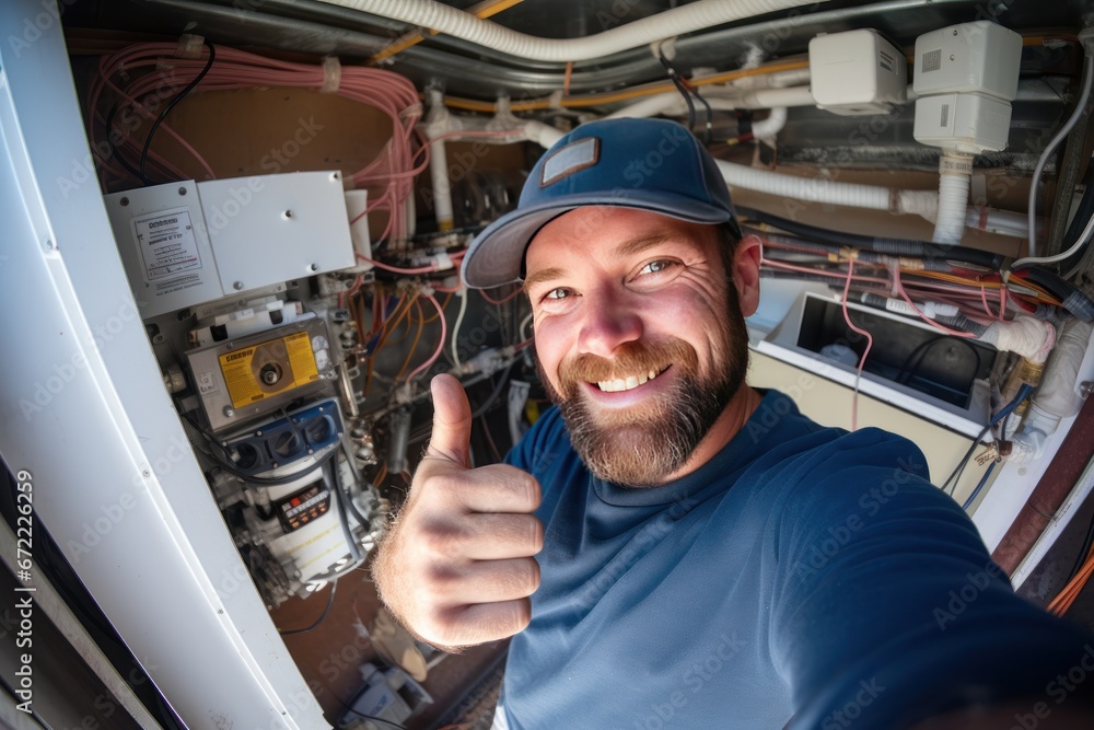 Male electrician giving thumbs up Air conditioning repair technician - obrazy, fototapety, plakaty 