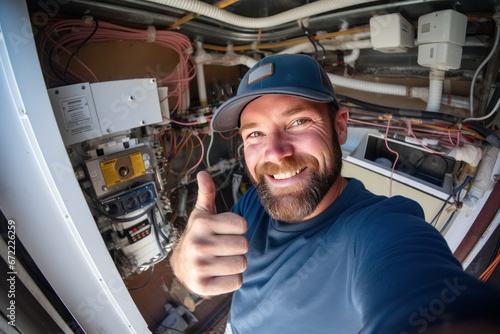 Male electrician giving thumbs up Air conditioning repair technician photo