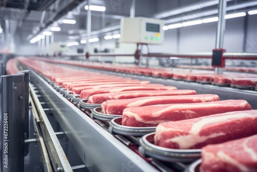 Production of fresh meat on a conveyor belt in a factory