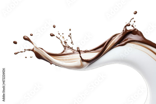 Milk splash isolated on transparent background. Splash of chocolate and white milk flow mixed