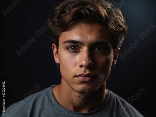 Closeup portrait of young man against black background. AI Generative