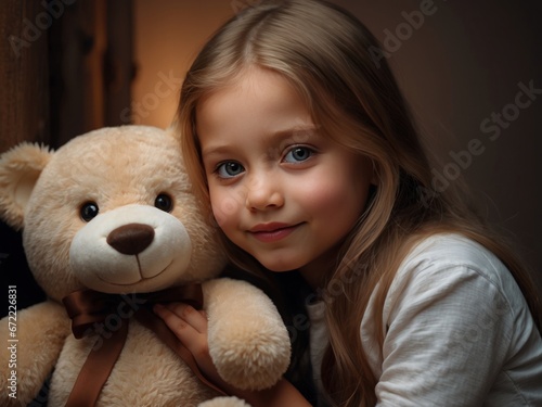 Cute girl with teddy bear. AI Generative