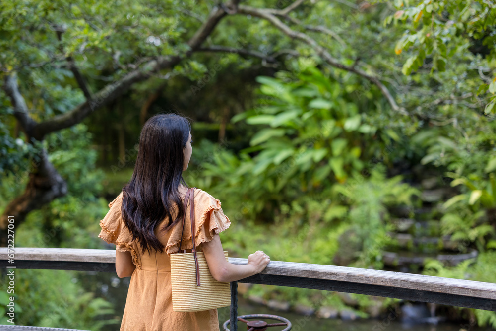 Naklejka premium Travel woman look at the forest view