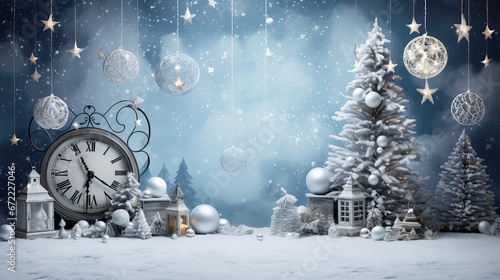 Backdrop with Christmas trees decorated with  baubles and garland, with clock. Copy space. Christmas decorations. Holiday background. Christmas tree. Greeting card. Blue tones.  