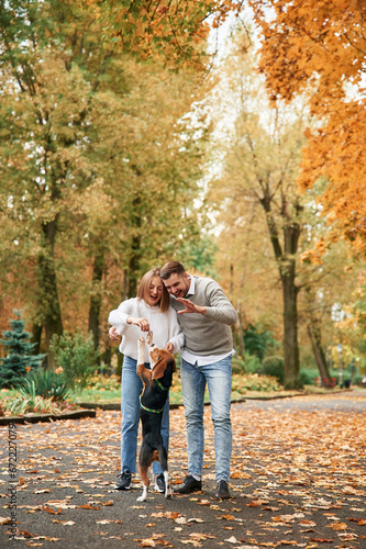 Fallen leaves are on the ground. Lovely couple are with their cute dog outdoors