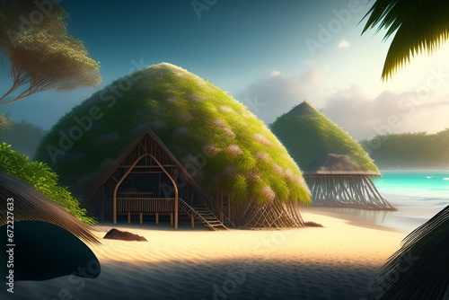 giant hut bamboo on tropical island beach yucca giant shells clams monsters and coconut island coconut crabs, sand, greeneries, flowers, greg rutkowski, ultra detailed, volumetric lighting