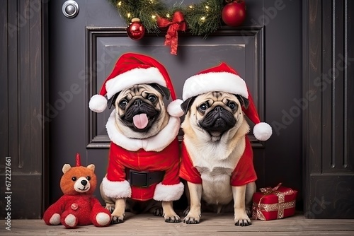 Cute pugs in Santa Claus clothes at home. Christmas and New Year holidays concept. ai generative © mariof