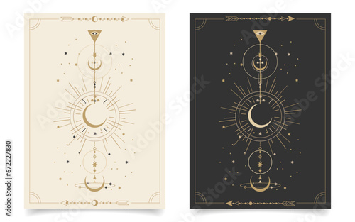 Set of esoteric mystical posters with spiritual symbols, moon, sun, stars. Templates on light and dark backgrounds, boho style. Vector