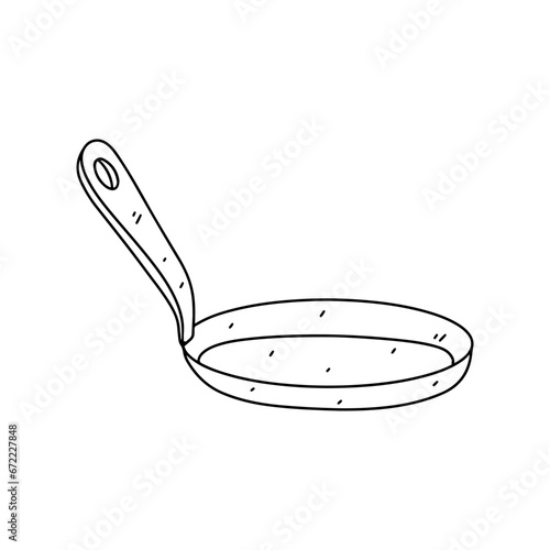 Pancake pan. Hand drawn doodle style. Vector illustration isolated on white. Coloring page.