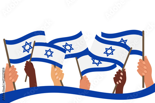 Many hands of different races with Israeli flags. Israel Independence Day. Illustration, vector