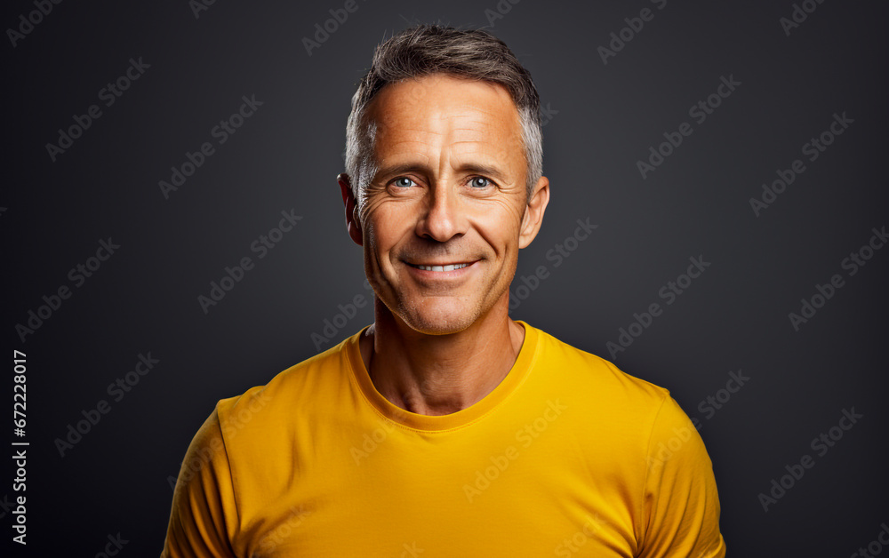 A middle aged smiling man isolated on dark grey background A middle aged smiling man isolated on dark grey background