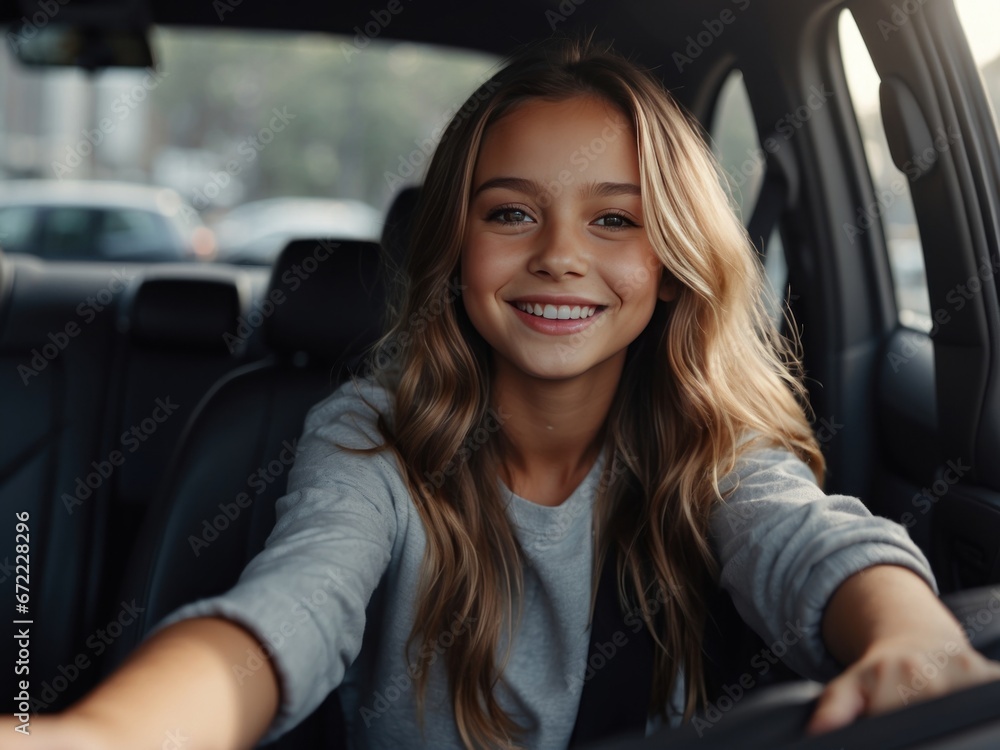happy Smiling girl sitting in car. AI Generative