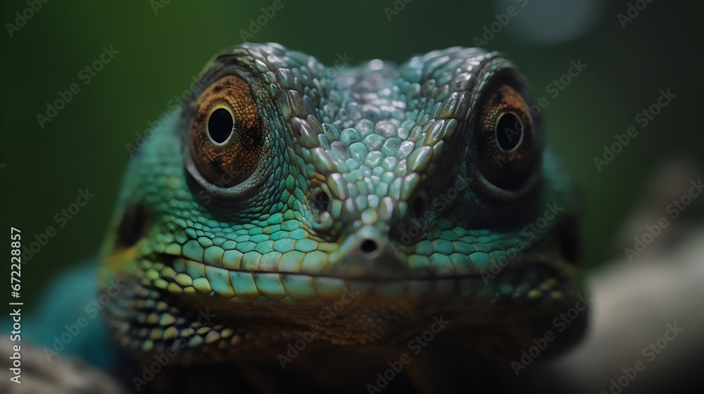 Portrait of a chameleon close-up. Green lizard. 