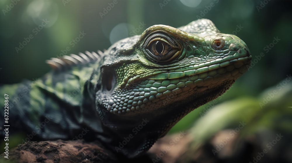 Close up of a green iguana in a terrarium. Green iguana. Generative AI.