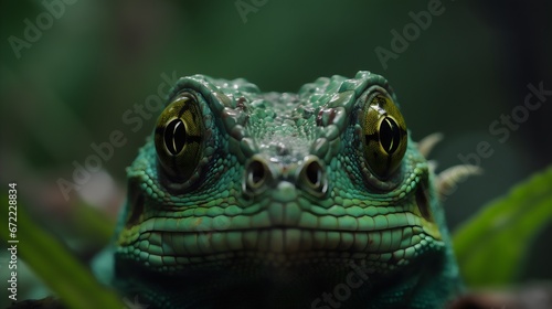 Close up of a green chameleon  Chamaeleo calyptratus . Generative AI.