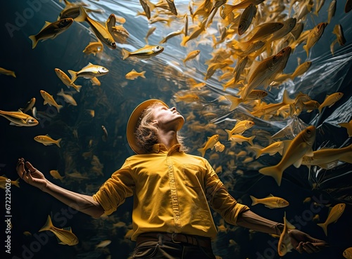 a man and a school of fish floating in his hand photo