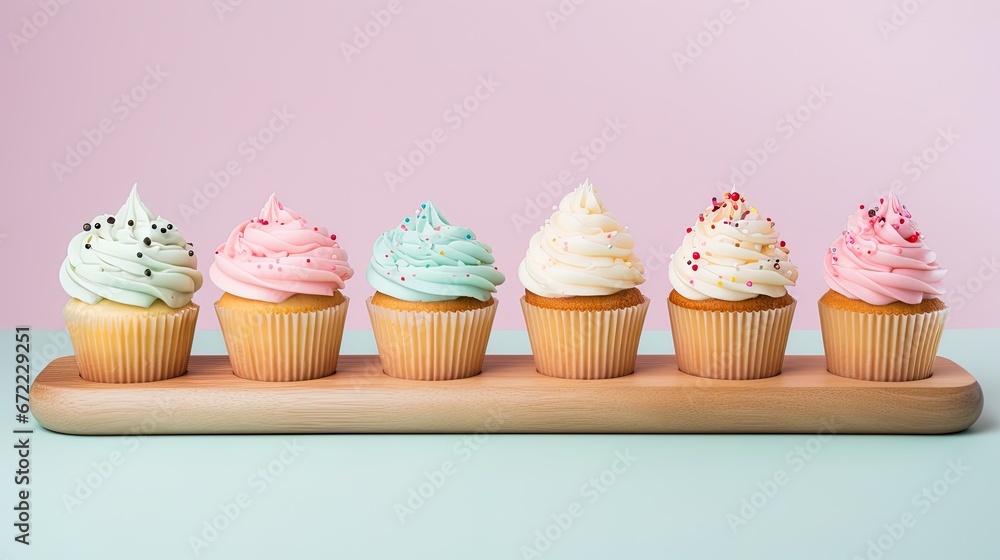 Cupcakes on a wooden stand on a pastel background, AI generative Cupcakes on a wooden stand on a pastel background, AI generative