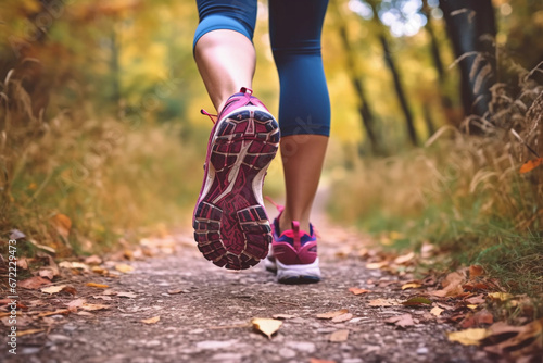 Healthy Lifestyle in Action, Woman's Running Shoes Close-Up, Nature Walk Fitness Concept. Generative Ai.