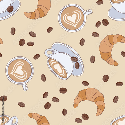Morning cup of capuccino with latte art heart and croissant vector seamless pattern. Groovy coffee background.