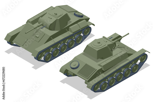 Isometric Tank USSR, Light tank T-70. Armoured fighting vehicle designed for front-line combat, with heavy firepower