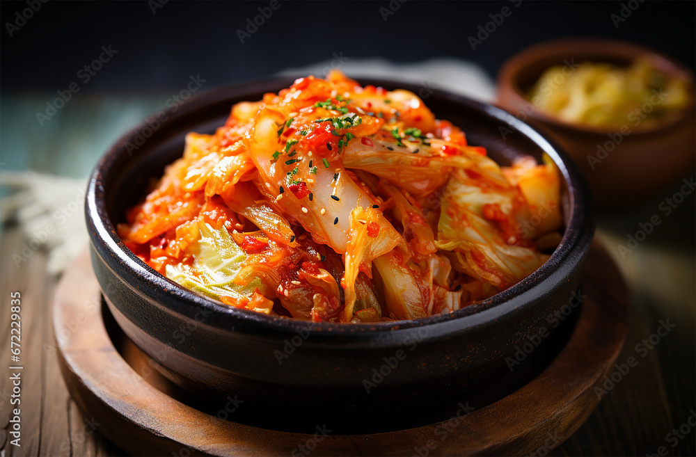Kimchi (South Korea): Fermented cabbage and vegetables seasoned with spices Kimchi (South Korea): Fermented cabbage and vegetables seasoned with spices