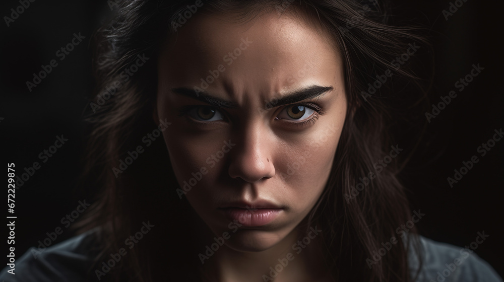 Fierce Expression: Close-up Portrait of a Woman with Furrowed Brows and Tightly Pressed Lips Displaying Anger and Intensity Fierce Expression: Close-up Portrait of a Woman with Furrowed Brows and Tightly Pressed Lips Displaying Anger and Intensity
