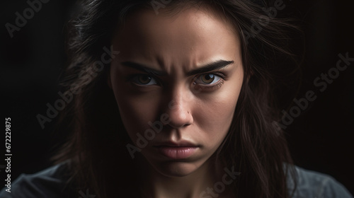 Fierce Expression: Close-up Portrait of a Woman with Furrowed Brows and Tightly Pressed Lips Displaying Anger and Intensity