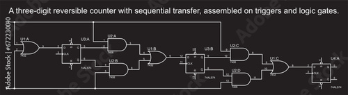 A three-digit reversible counter with
sequential transfer, assembled
on triggers and logic gates.
Vector background with electrical scheme.
Schematic diagram of electronic device.
Electric circuit.