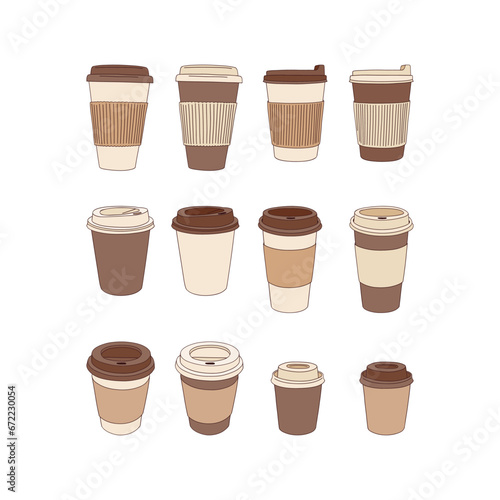 Retro earthy colours set of coffee cups with lids vector illustration isolated on white. Groovy coffee print collection.
