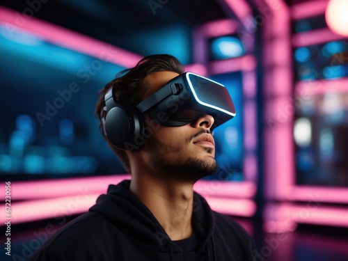 Young man using virtual reality simulator against neon colored dark background. AI Generative