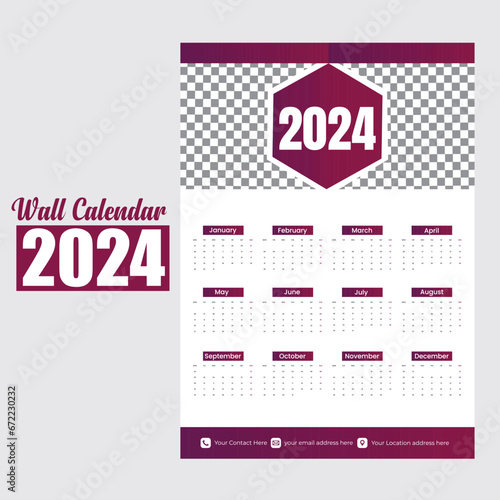 Wall Calendar 2024 Template Design. One Page Calendar. 12 Months Calendar. 
