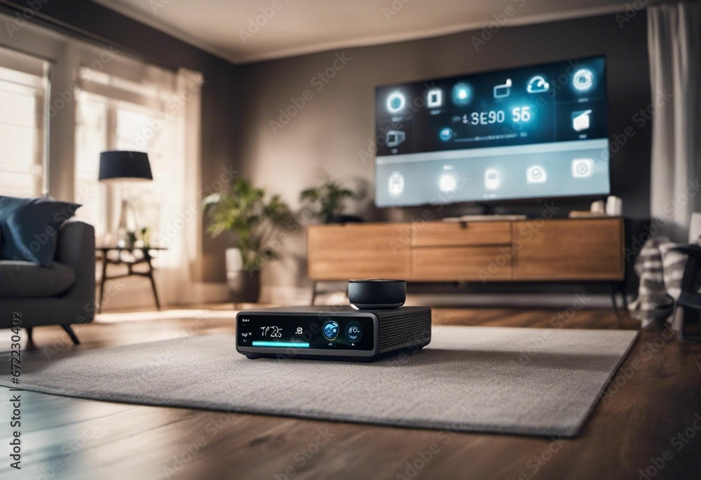 Interior shot of a smart home, featuring various connected devices and appliances, AI-generated. Interior shot of a smart home, featuring various connected devices and appliances, AI-generated.