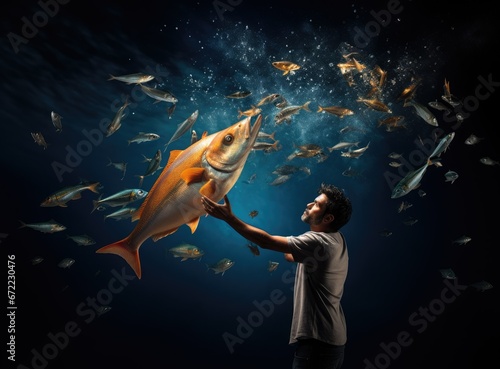 a man and a school of fish floating in his hand photo