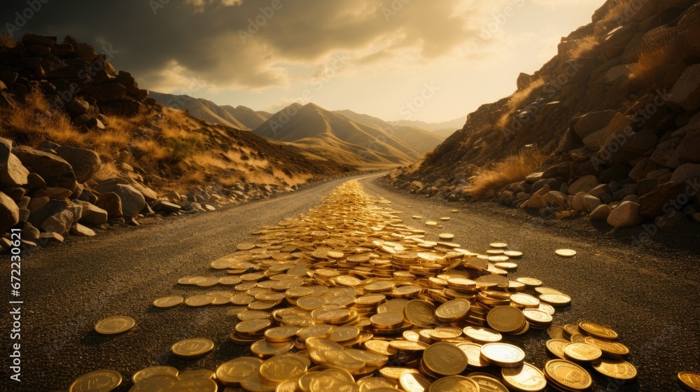 Luxury and conspicuous consumption concept with Road made of gold bars. Excessive spending and conspicuous consumption, contrast between extravagant lifestyles and economic disparities in society. - obrazy, fototapety, plakaty 